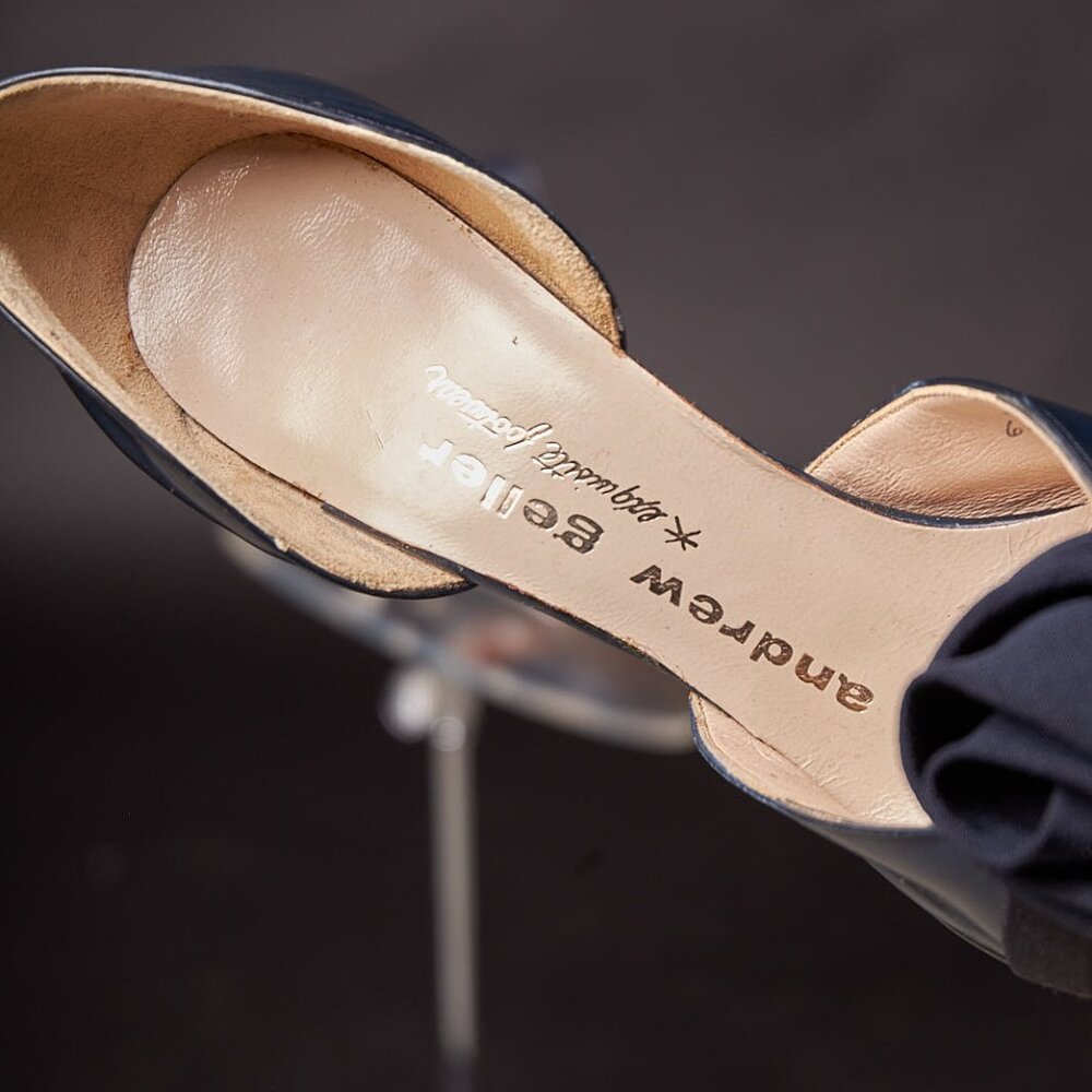 Vintage 1950s Navy Blue Ribbon Bow Pumps Heels Shoes